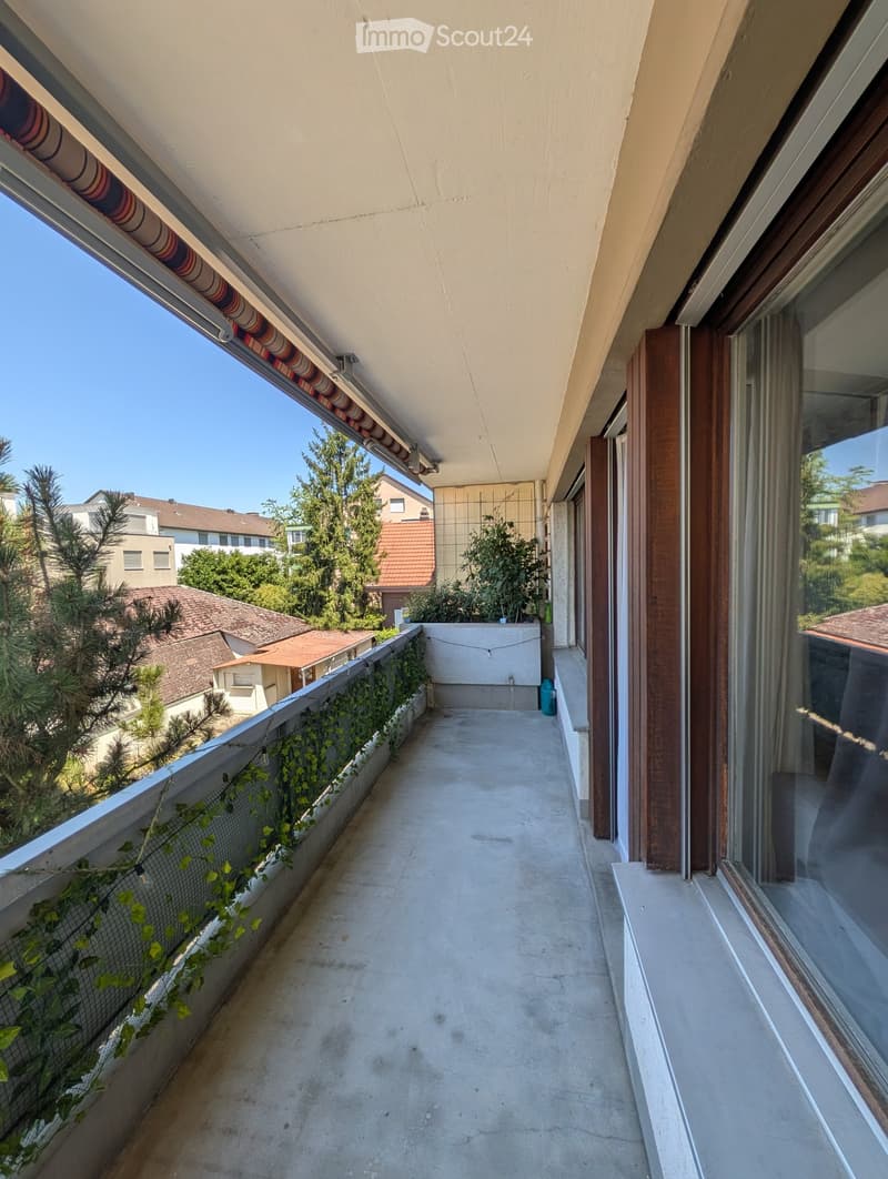 Balcony with concrete floor, metal railing, and small plants growing along the edge. The view shows neighboring houses and trees.