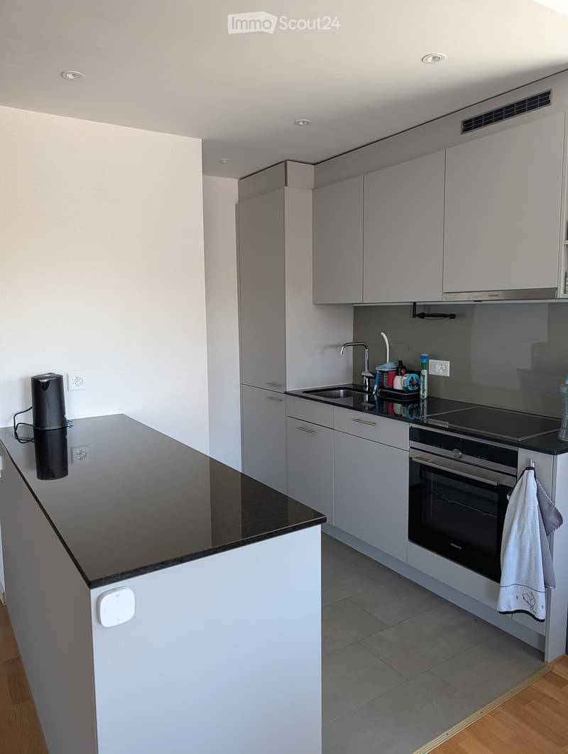 Modern kitchen with white cabinets, black countertops, and stainless steel appliances including a sink, faucet, and oven. A white towel hangs on the oven handle.