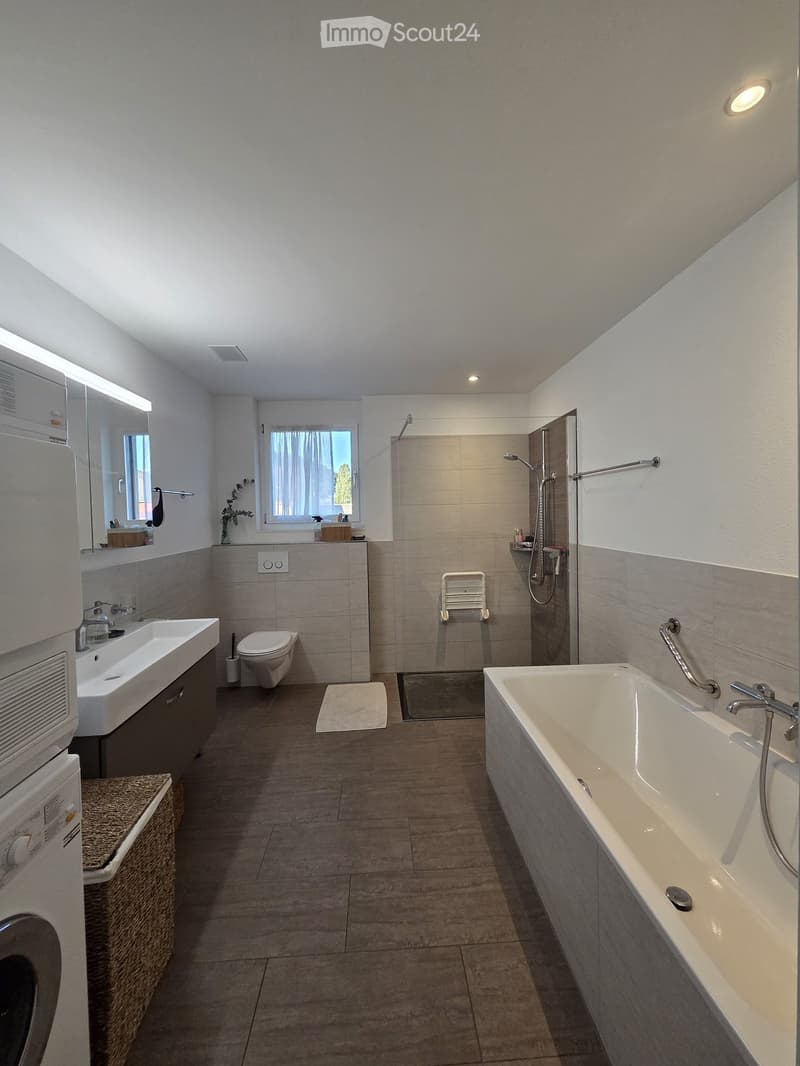 Modern bathroom with a bathtub, sink, toilet, mirror, and shower area. Includes a washing machine and a small towel on the floor.