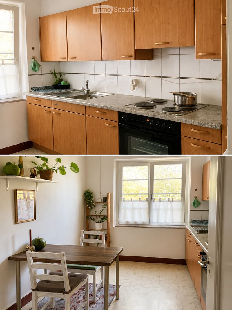 The kitchen features wooden cabinets, a marble countertop, a sink, a stove, and an oven. A small dining area includes a wooden table and chairs, with plants and a framed picture on the wall.