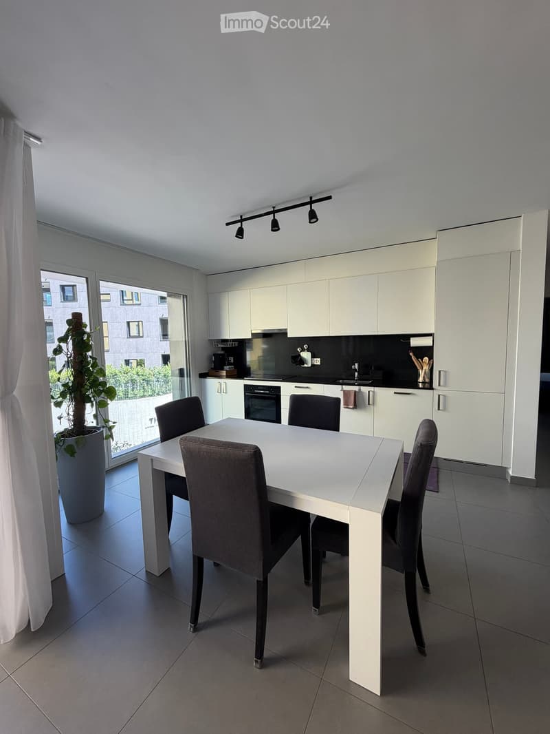 Modern kitchen with white cabinets, a dining table with four chairs, a potted plant near the window, and built-in appliances including an oven and sink.