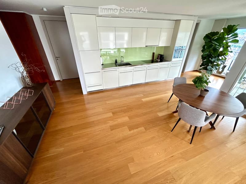 Modern open-plan living and dining area with light wooden flooring, white kitchen cabinets, a round dining table with chairs, and a potted plant near the window.