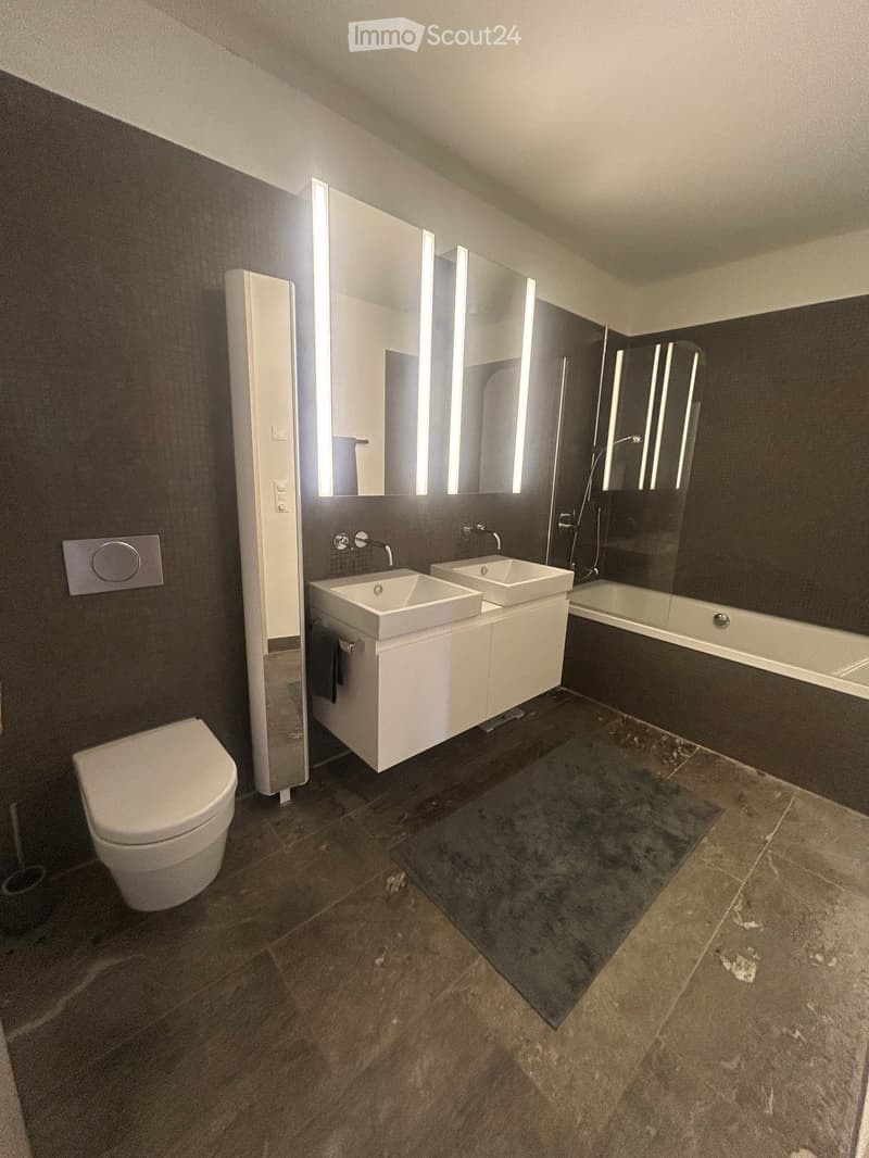 Modern bathroom with dark tiled walls, a white sink cabinet, a toilet, a bathtub, and a large mirrored cabinet with built-in lighting.