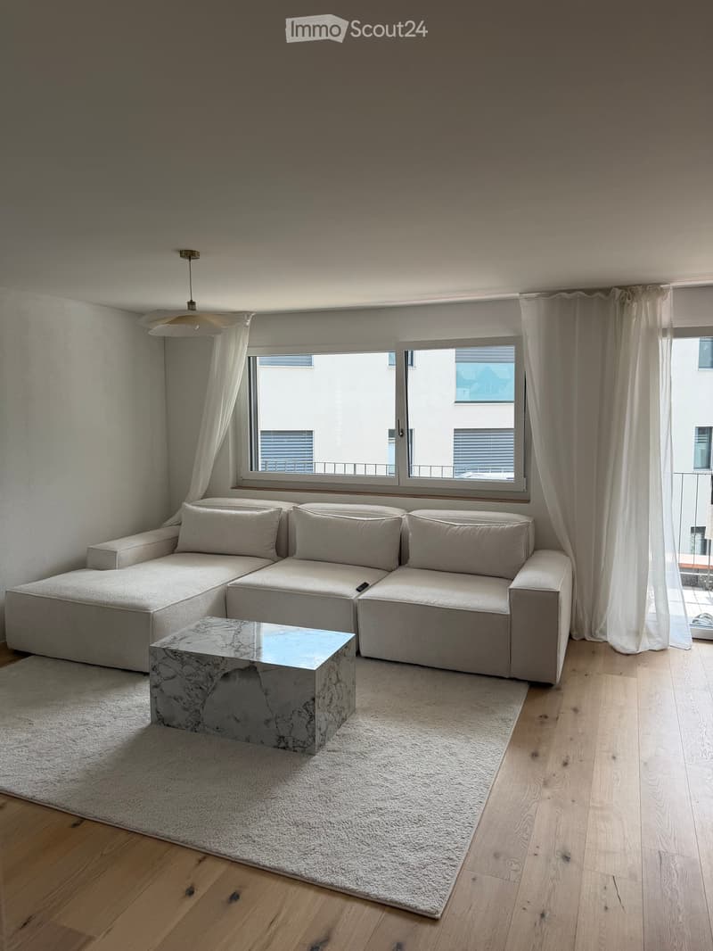 Modern living room with a light grey sectional sofa, a marble coffee table, a white shaggy rug, and large windows with white curtains.
