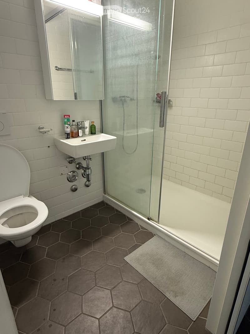 Modern bathroom with hexagonal tiles, a toilet, a sink with a mirror, and a glass-enclosed shower.