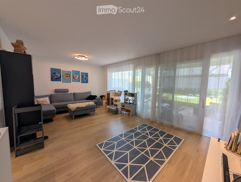 Modern living room with wooden flooring, large windows with sheer curtains, grey sectional sofa, ottoman, coffee table, fireplace, and a geometric rug.