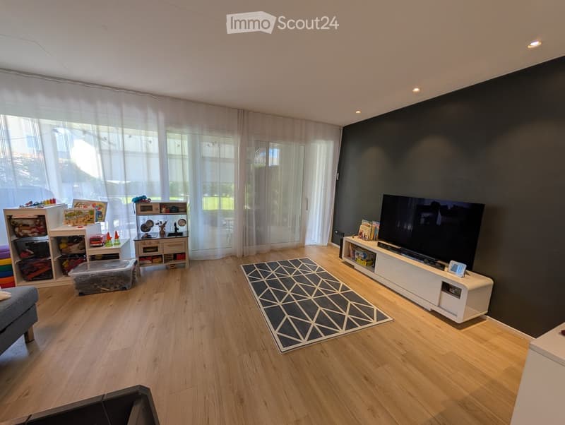 Living room with wooden flooring, dark grey wall, large window with white curtains, TV stand with flat-screen TV, shelf with books and decorative items, small table with items, and a colorful rug in the center.