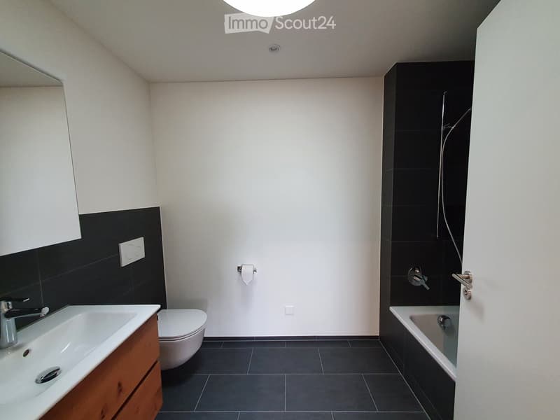 modern bathroom with white sink, wooden cabinet, white toilet, black tiles, bathtub, shower