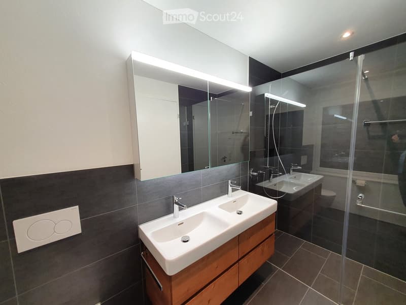 modern bathroom with double sink, mirror, shower, and toilet