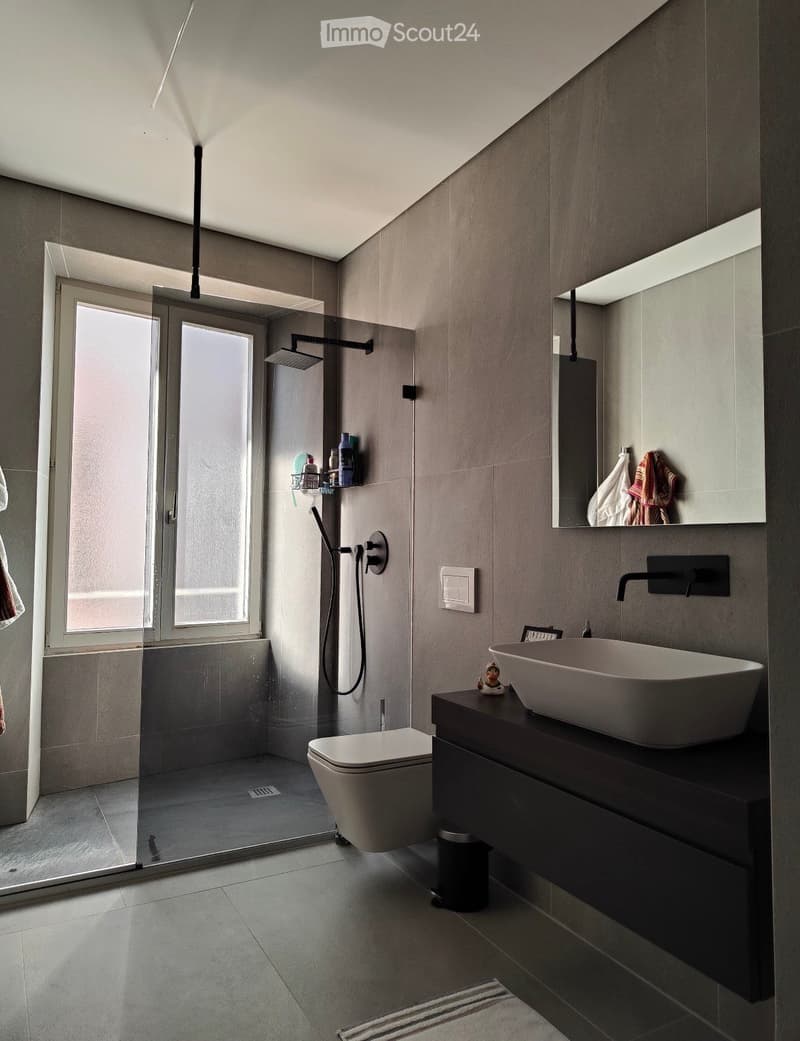 Modern bathroom with grey tiles, a large sink, toilet, glass-enclosed shower, and a mirror with built-in lighting.
