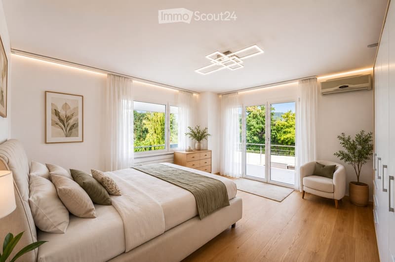 Modern bedroom with a large bed, nightstand, armchair, and large windows with a view of greenery. Features include built-in lighting, air conditioning, and decorative plants.