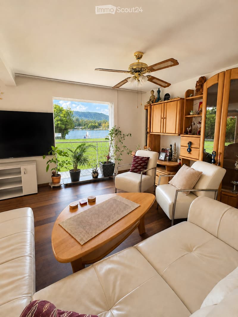 Bright living room with white leather sofa, coffee table, armchair, potted plants, and a scenic view of a lake and mountains through large windows.