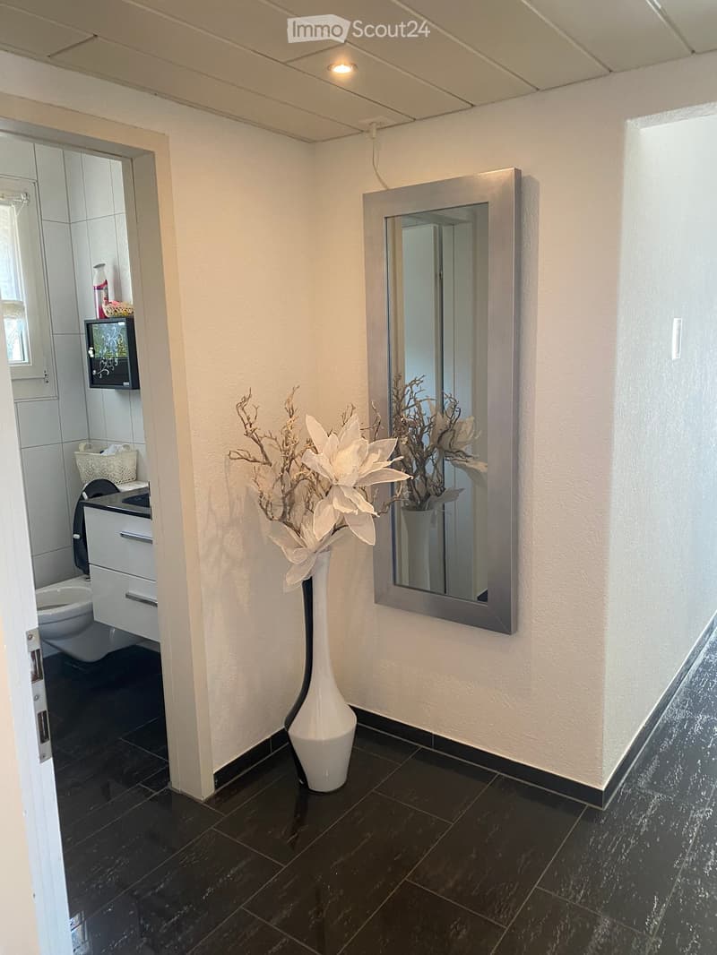 Bathroom with dark tiled floor, white walls, a tall white vase with dried flowers, a large rectangular mirror with a silver frame, and an open cabinet with a toilet visible.