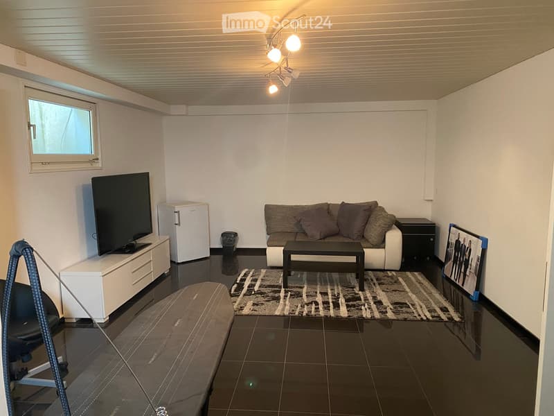 Modern living room with a sofa, coffee table, television, refrigerator, and a chair. The room features a patterned rug and a sleek, contemporary design.