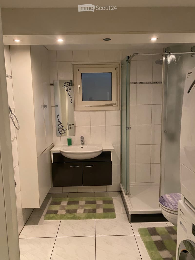 Modern bathroom with a white sink, dark cabinet, glass shower enclosure, and a toilet. Features a decorative mirror and a green and brown checkered rug.
