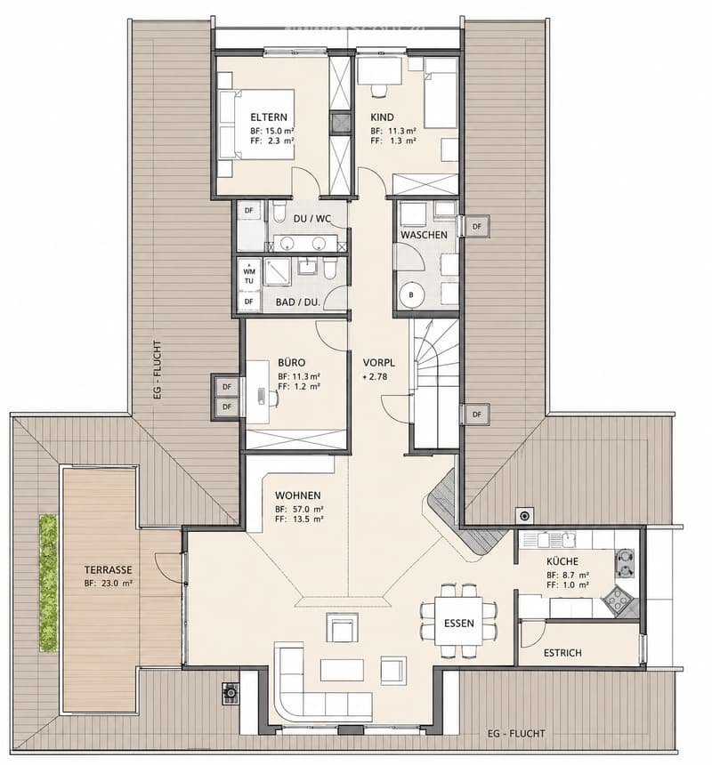 Floor plan of a house with multiple rooms including living area, kitchen, dining area, bedrooms, bathrooms, and a terrace.