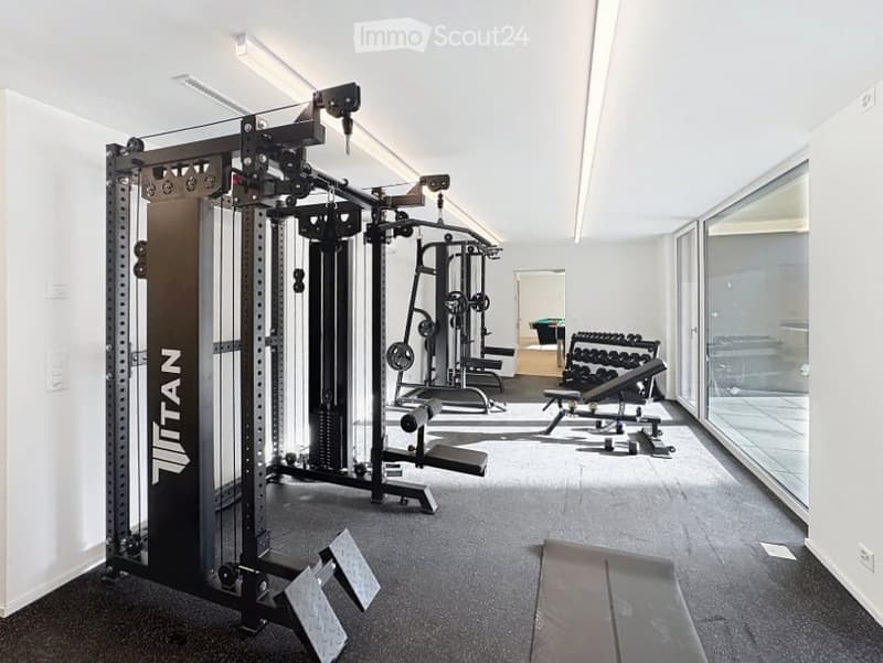 Well-equipped home gym with a multi-station weight machine, bench press, dumbbells, weight plates, and a treadmill. Large windows provide natural light.