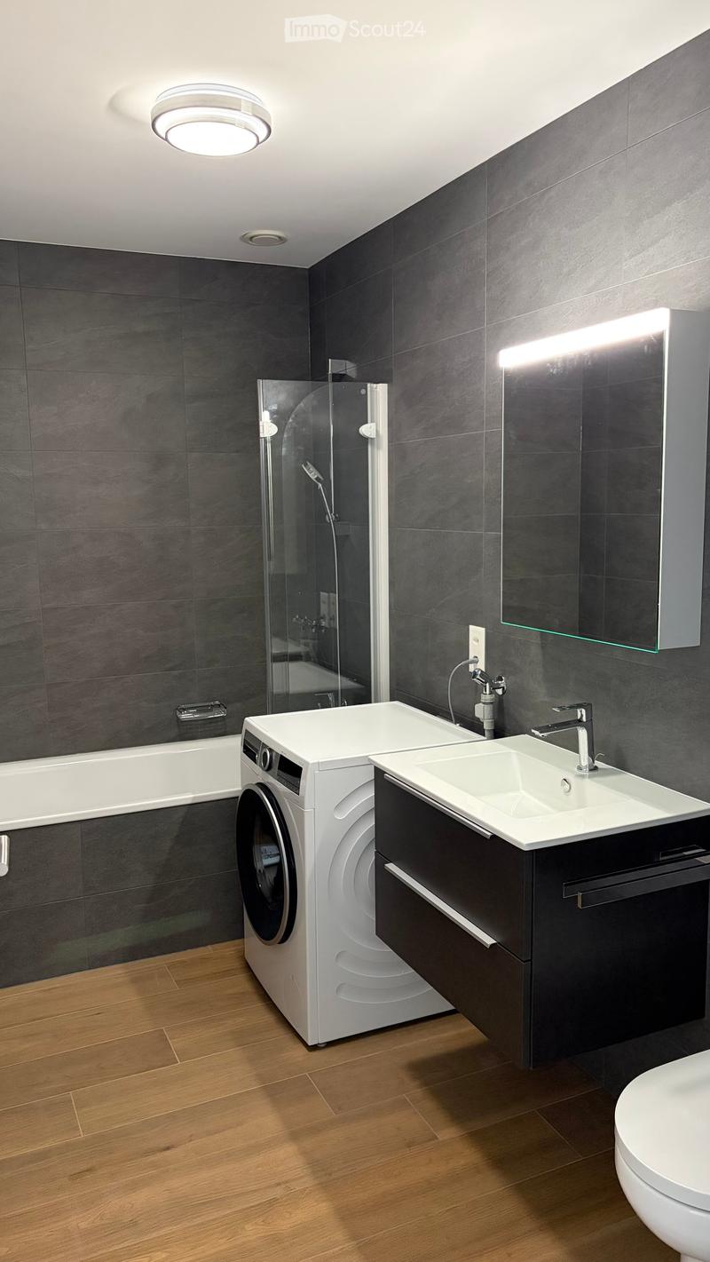 Modern bathroom with dark grey tiles, a bathtub, a sink with a modern faucet, a large mirror, a washing machine, and a toilet. The space features wooden flooring and recessed lighting.