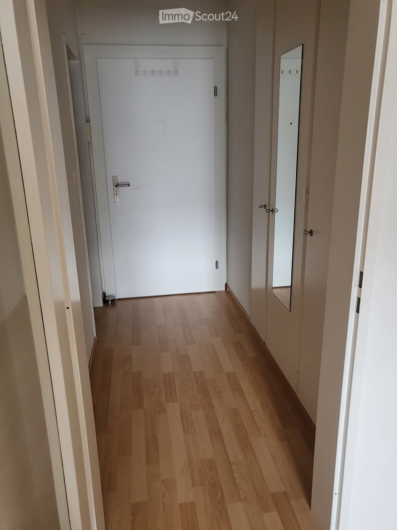 Empty hallway with light wooden flooring, white walls, and a closed white door at the end. A small mirror is mounted on the right wall.