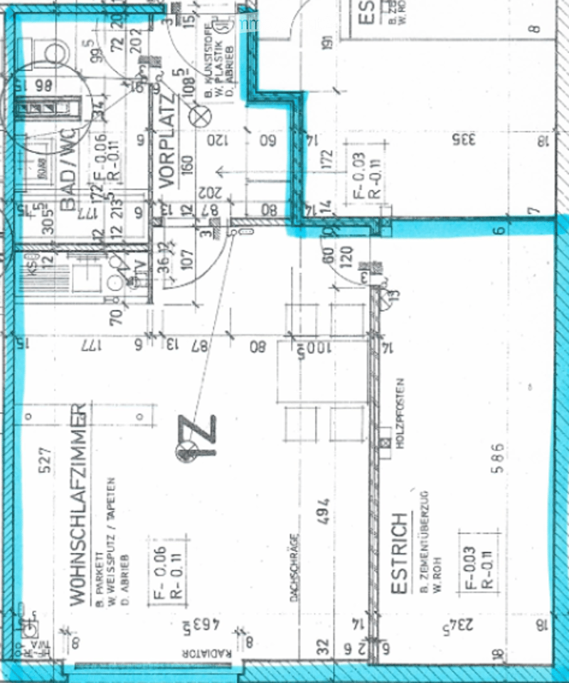 Floor plan of a residential unit showing multiple rooms including a living room, kitchen, bedrooms, and bathrooms, with labeled dimensions and room numbers.