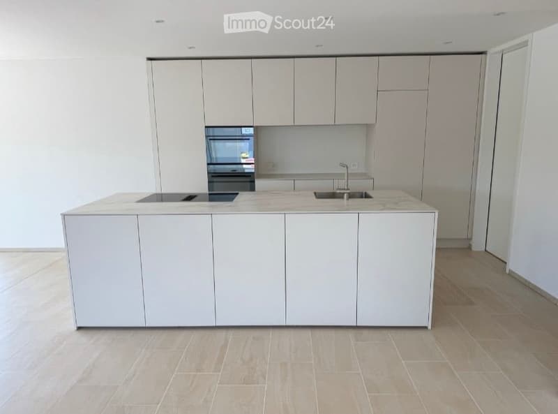 Modern kitchen with white cabinets, a central island, an oven, and a sink.