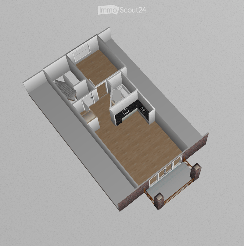 3D floor plan of a house with a living room, kitchen, bedroom, bathroom, and a staircase leading to an upper level. Includes a small balcony area.