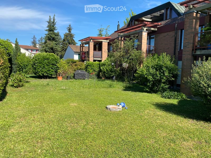 Well-maintained lawn with a stone fire pit, blue balls, and a covered barbecue in the background, surrounded by bushes and trees.