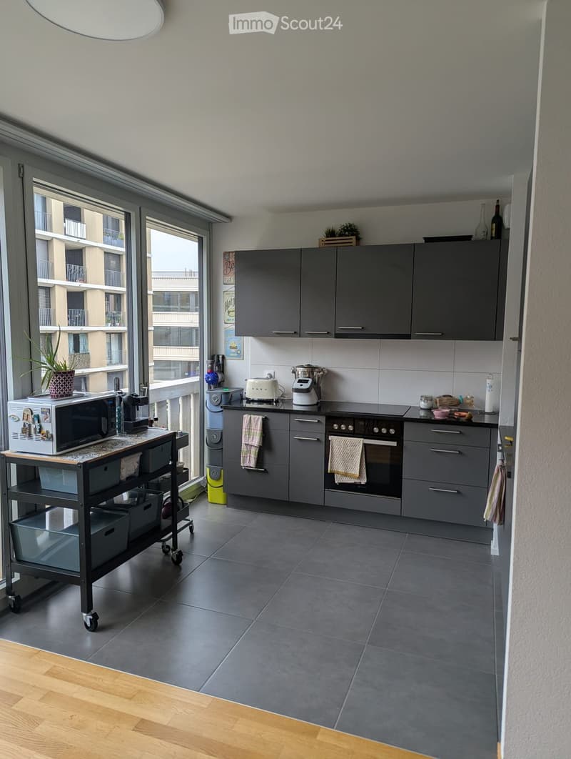 Modern kitchen with grey cabinets, stainless steel appliances, and a large window offering a view of the city.