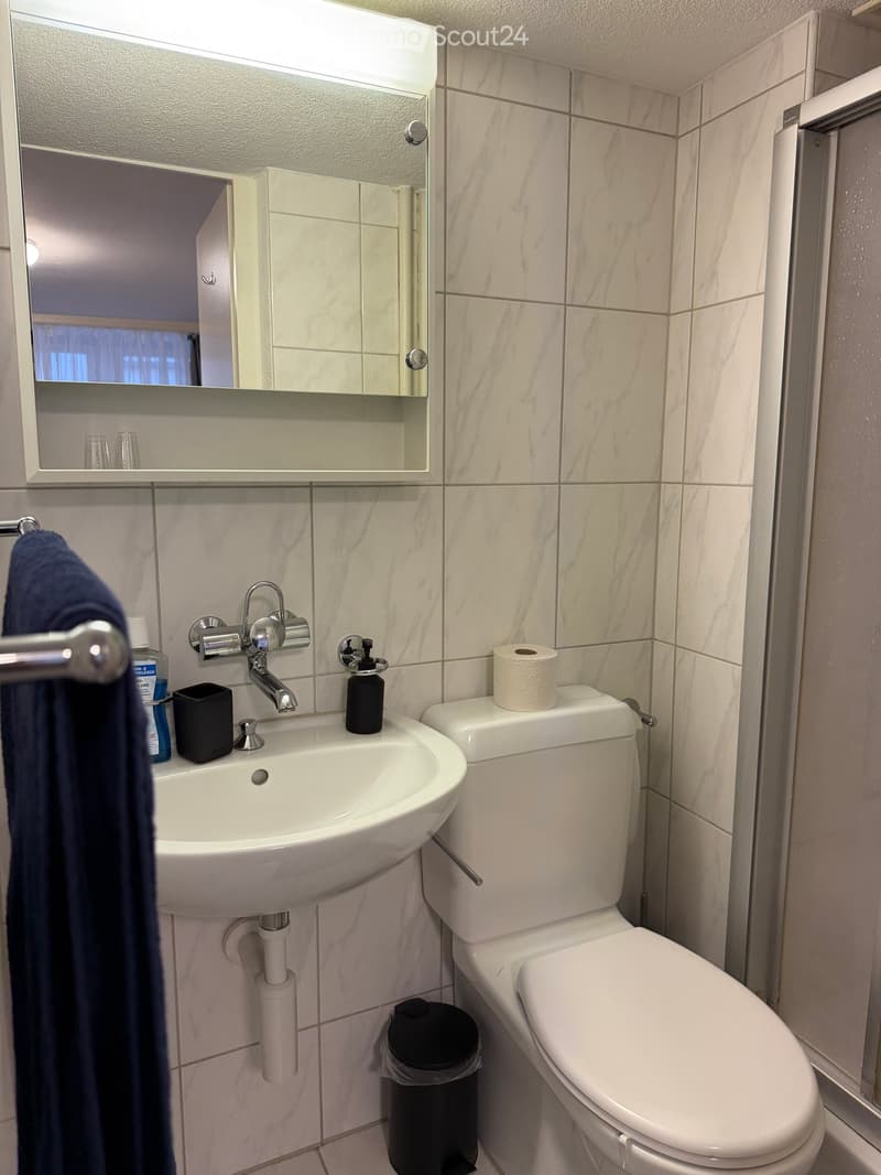 Modern bathroom with white tiles, a sink, toilet, mirror, and a towel on a rack.