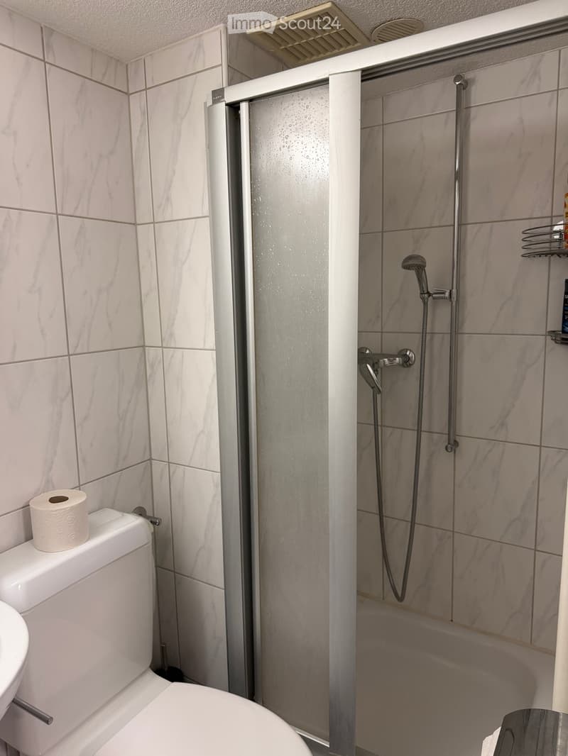 Modern bathroom with white tiles, a toilet, a shower with a glass door, and a toilet paper holder.