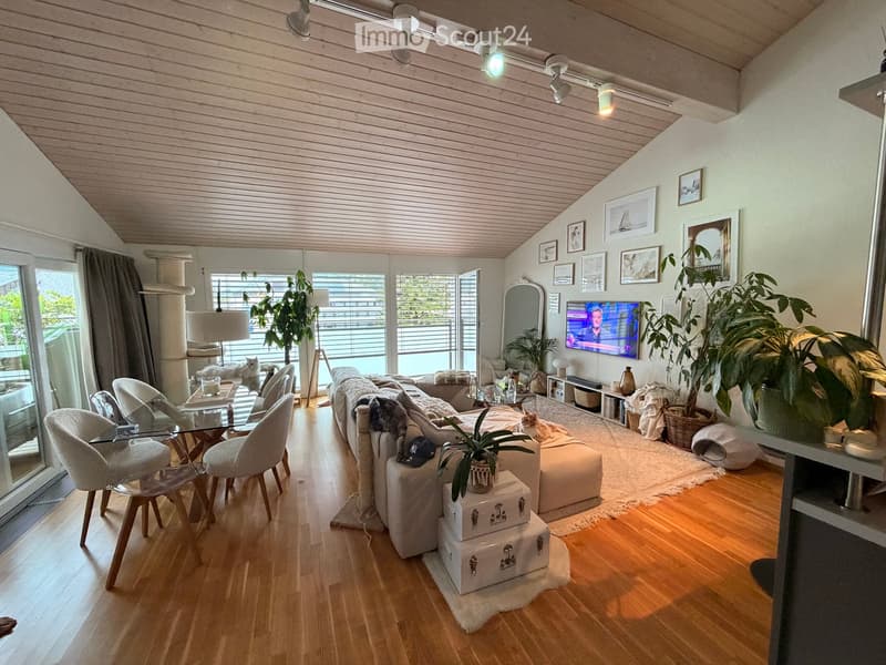 Modern living room with wooden floors, a large sectional sofa, glass coffee table, chairs, a TV, and several plants. The room features large windows and a cat present.