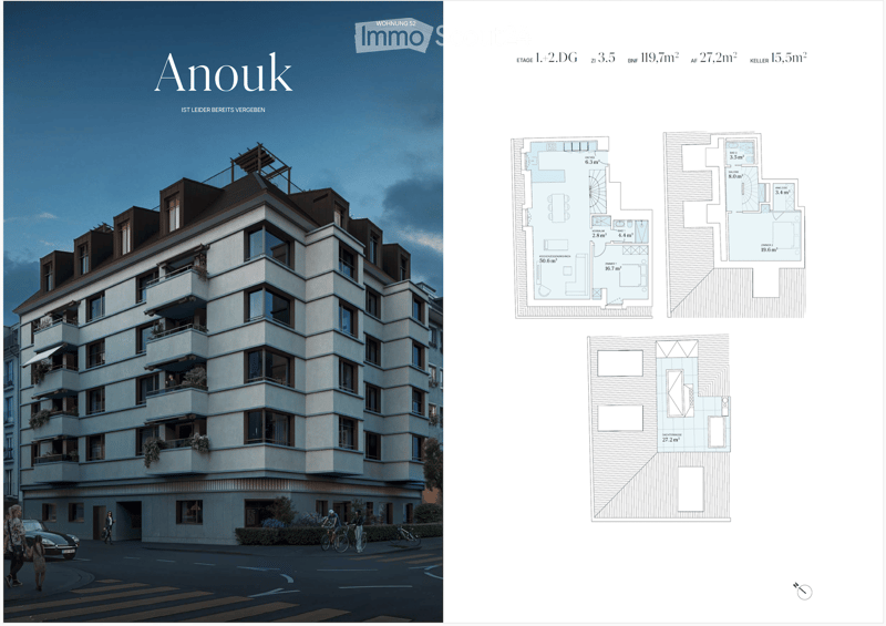 Floor plan of a multi-story residential building labeled 'Anouk' with detailed layouts of apartments, including living spaces, bedrooms, bathrooms, and balconies.