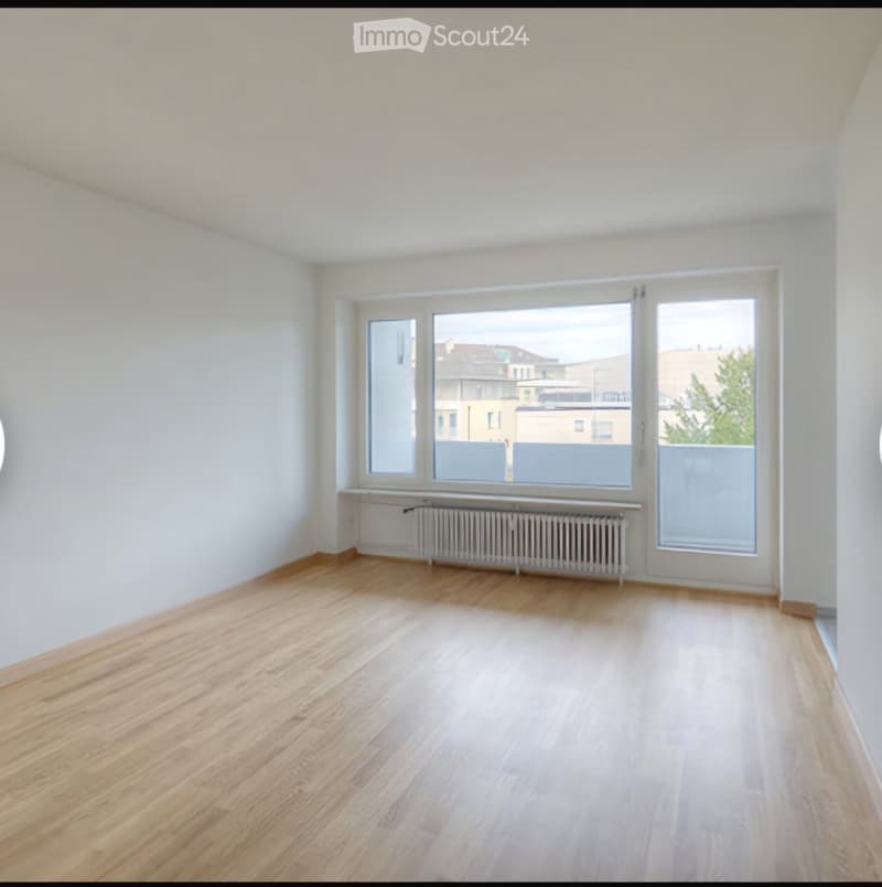 Empty room with light wooden flooring, white walls, large windows, and a radiator under one window.