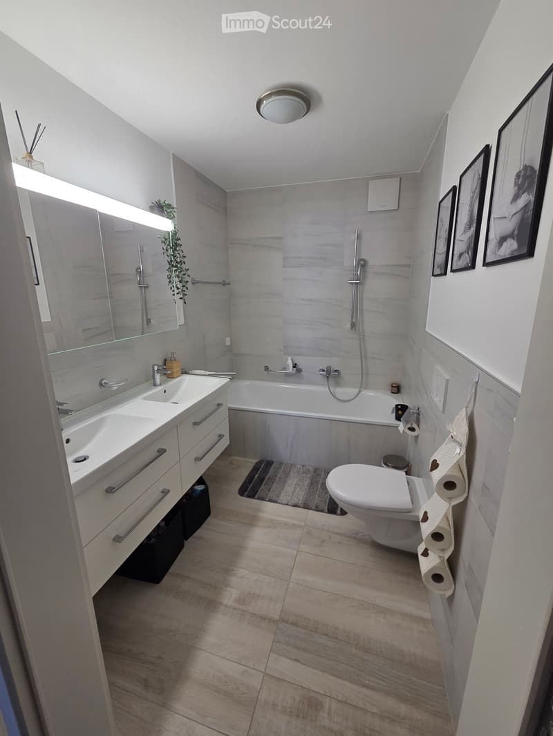 Modern bathroom with a double sink vanity, bathtub, toilet, and a shower area. Features include a large mirror, framed pictures, and a small plant on the vanity.