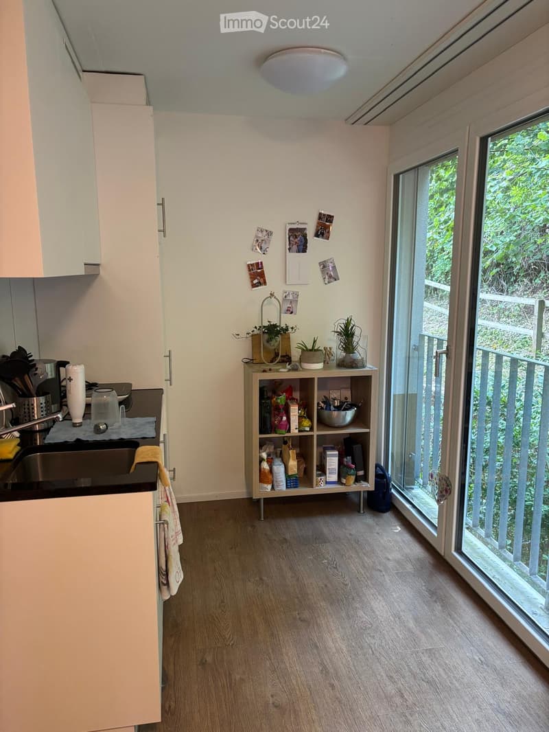 Modern kitchen with light wooden flooring, white cabinets, and a large window leading to a balcony. The kitchen features a sink, oven, and a small shelf with various items.