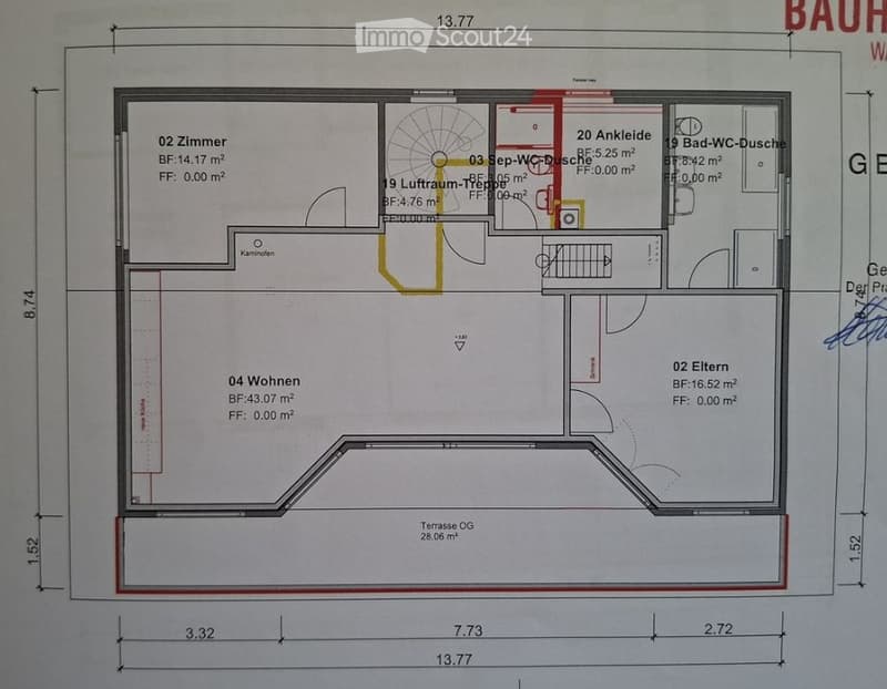 Floor plan of a house with four bedrooms, two bathrooms, a living room, and a terrace.