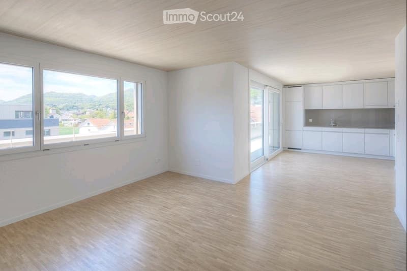 Empty room with light wooden flooring, white walls, large windows offering a scenic mountain view, and a small kitchen area with white cabinets and a sink.