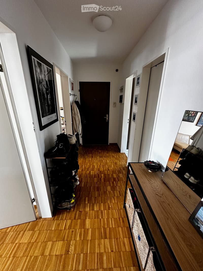 A narrow hallway with wooden flooring, white walls, and several doors leading to different rooms. There are shelves with shoes and bags on both sides, and framed pictures on the walls.