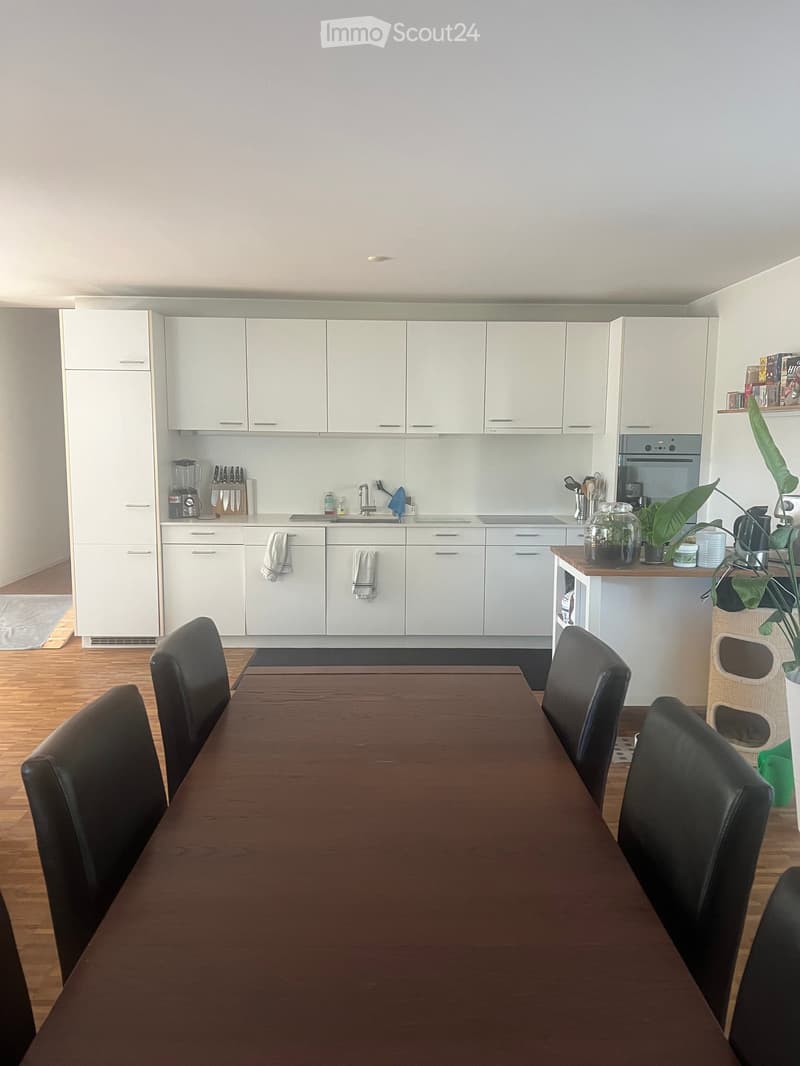 Modern kitchen with white cabinets, a wooden dining table with black chairs, and various appliances including a blender, knife block, and oven. A small plant is placed on the counter.