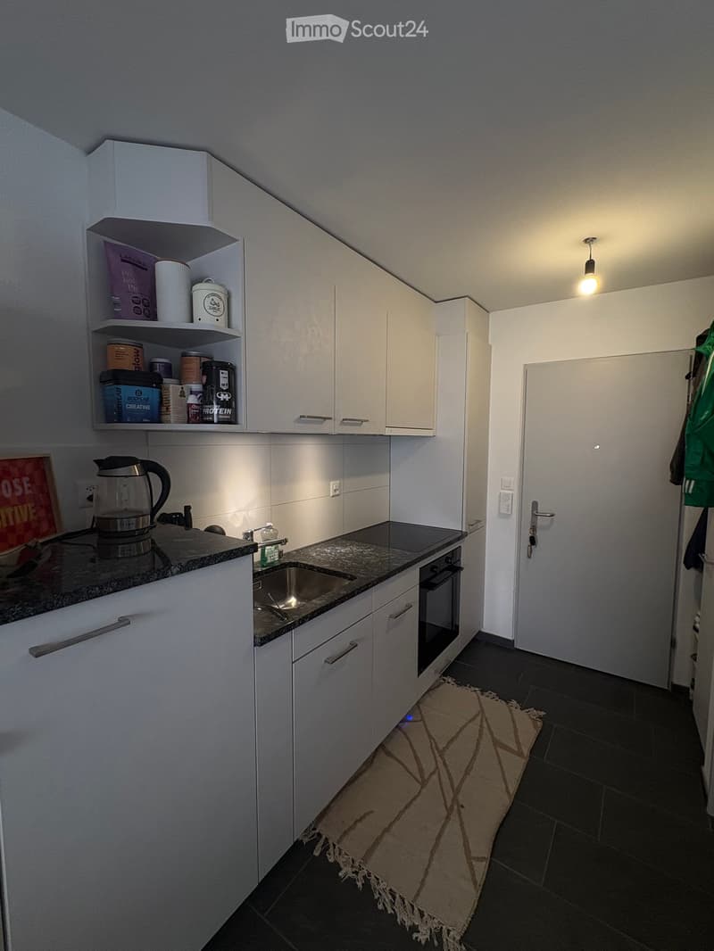 Modern kitchen with white cabinets, granite countertops, stainless steel sink, electric kettle, and various kitchen items on shelves.
