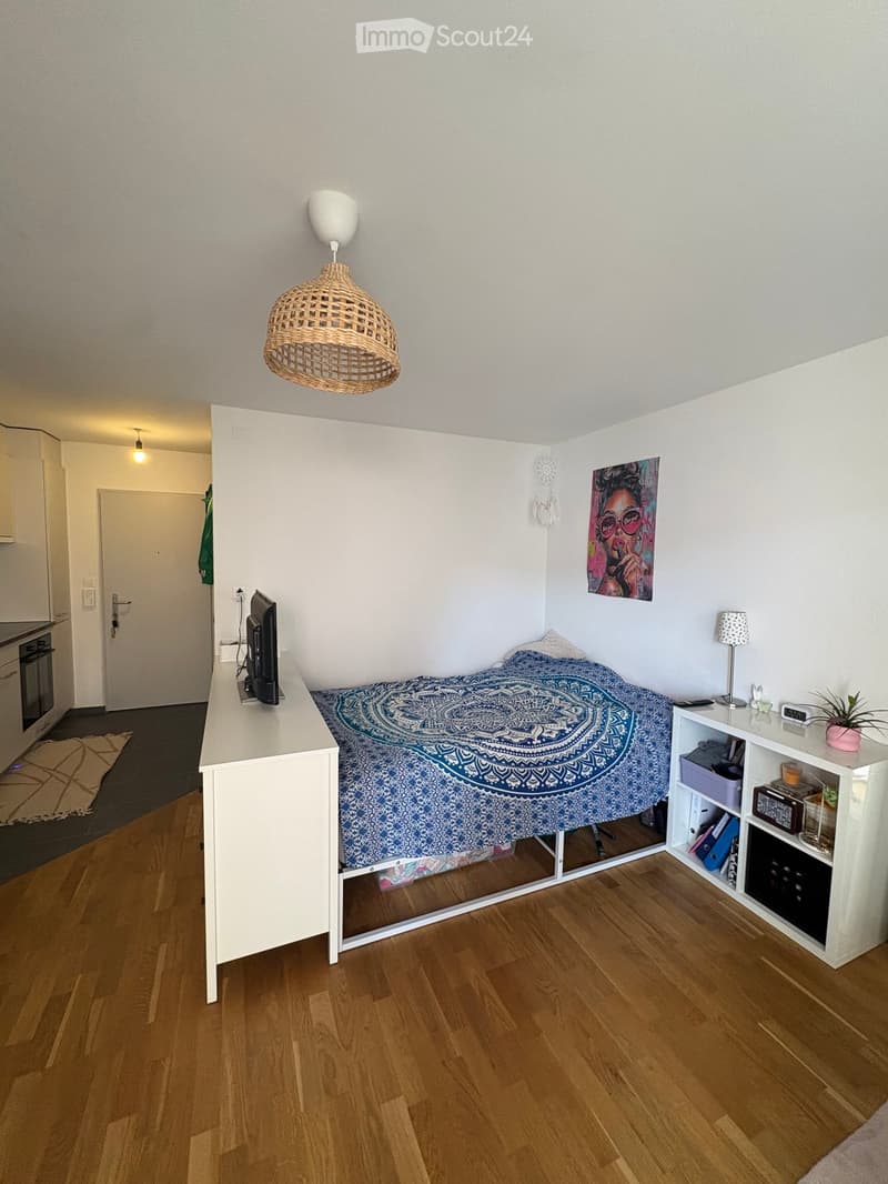 Cozy bedroom with wooden flooring, a single bed with a blue patterned bedspread, a white nightstand with a lamp, a shelf with books and decorative items, and a wicker pendant light hanging from the ceiling.