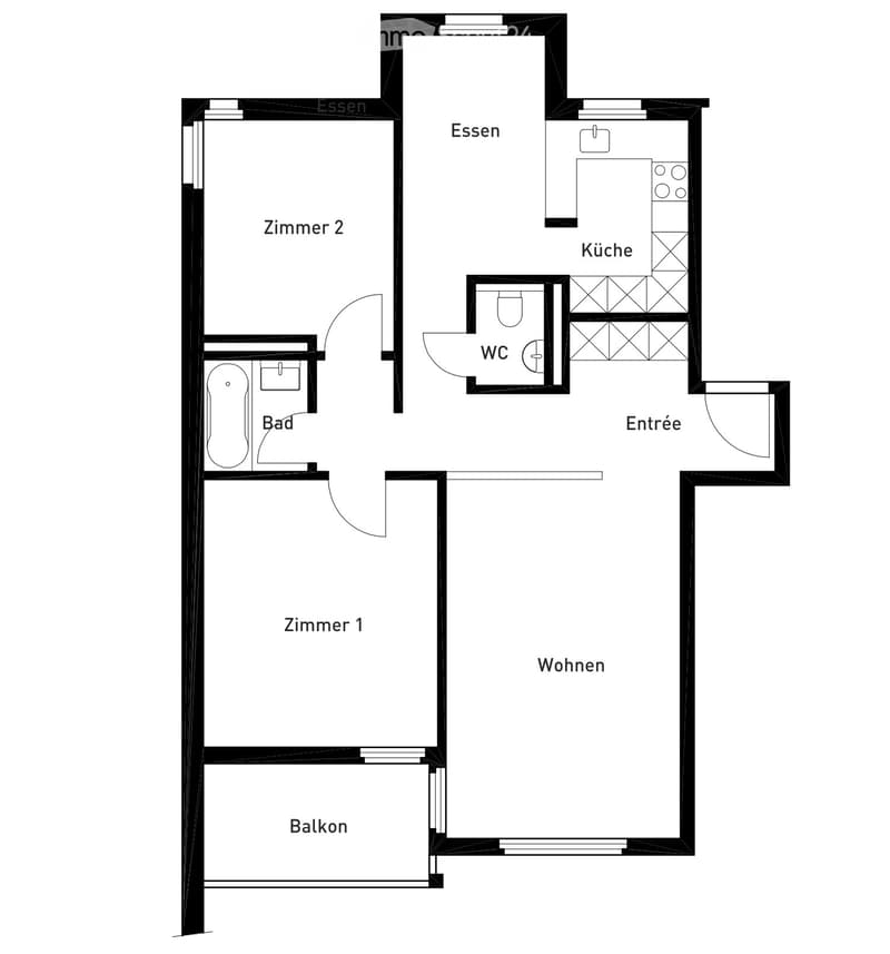 Floor plan showing a living area, two bedrooms, kitchen, bathroom, and balcony.