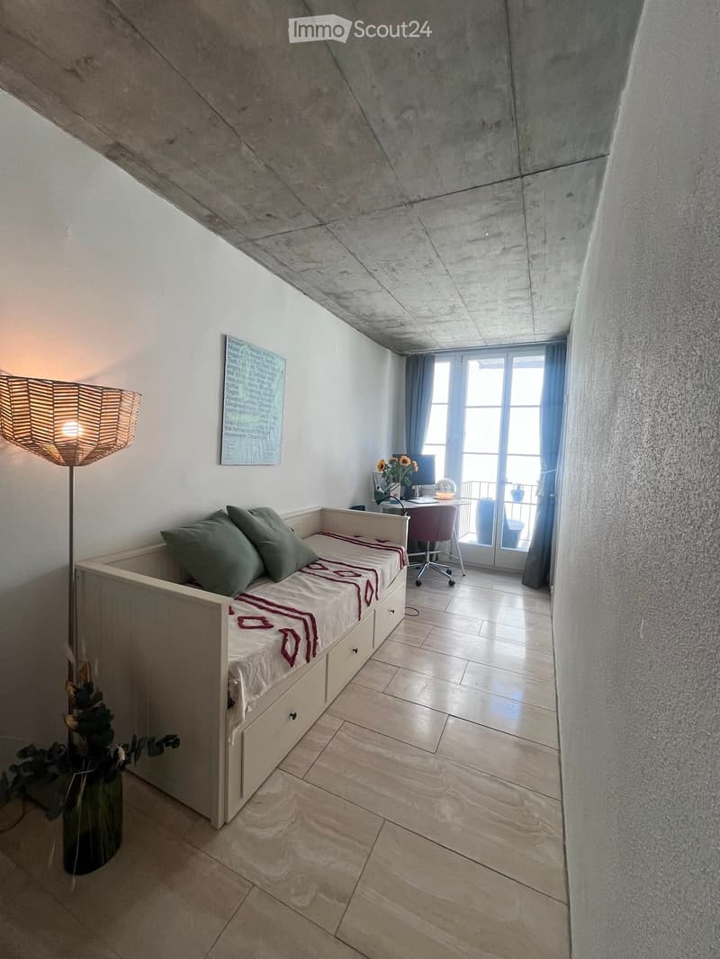 A compact bedroom with a built-in sofa bed, pillows, a small table with a chair, a floor lamp, a vase with plants, and a picture frame on the wall. The room features large windows with curtains and a modern, minimalist design.