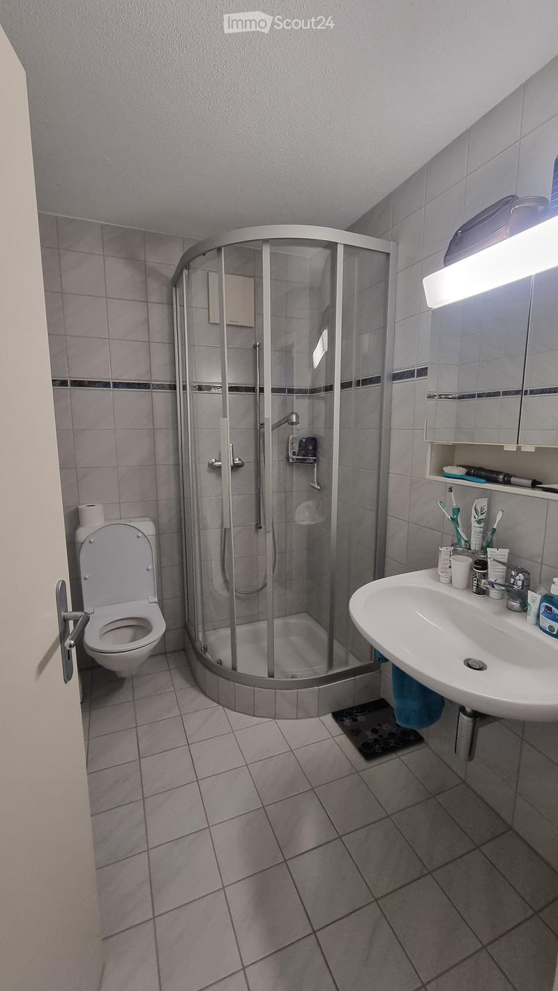 Modern bathroom with a toilet, sink, and walk-in shower with glass enclosure. The sink has a mirror above it and various toiletries on the counter. The shower has a modern design with a glass door and a built-in seat.