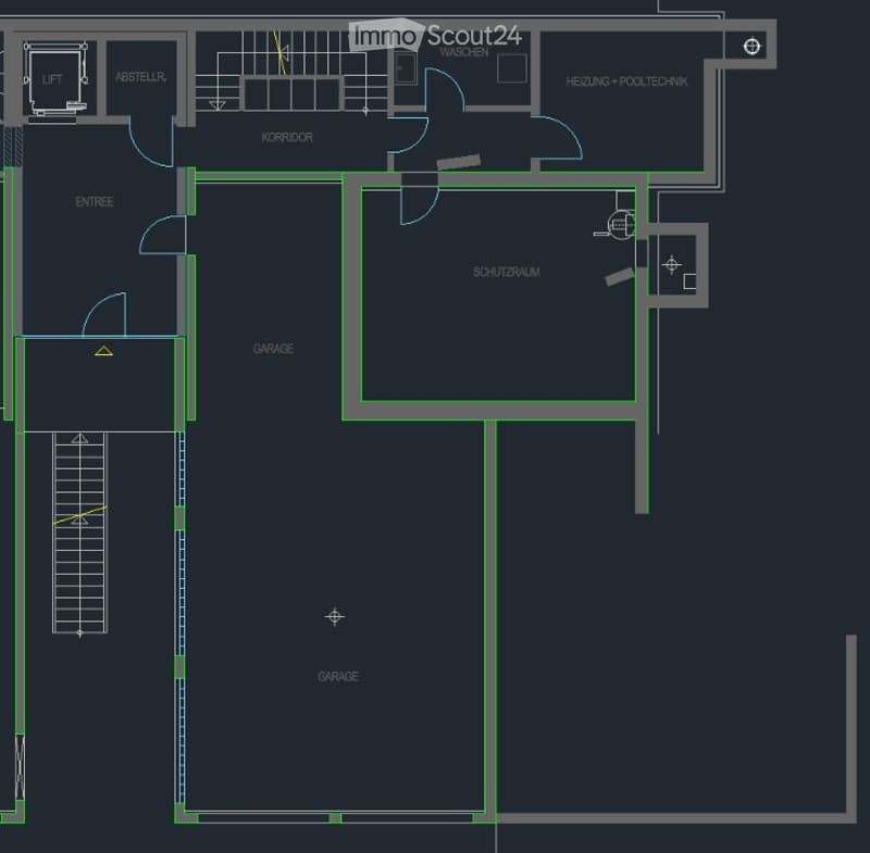 Floor plan showing an entrance, corridor, garage, storage room, wash area, heating and pool technology room, and a large protective room.