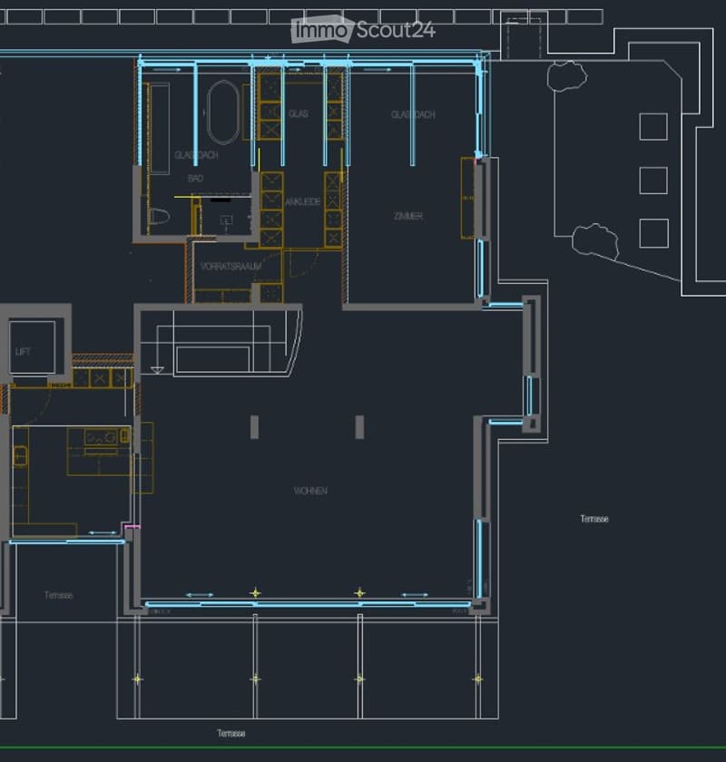 Floor plan of a multi-level building with labeled rooms including a kitchen, living room, bedrooms, bathrooms, and terraces.