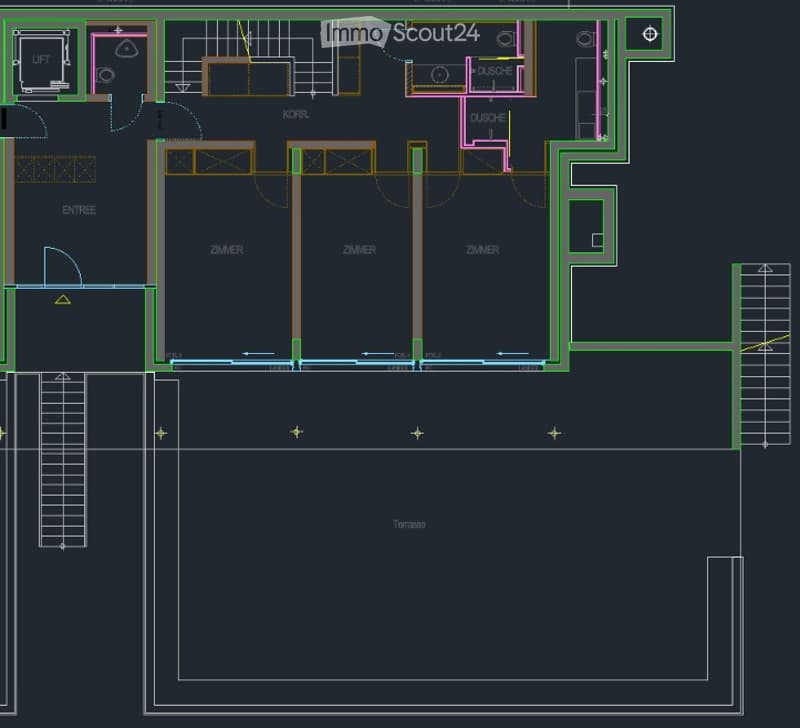 Floor plan showing a multi-level layout with rooms labeled in German: entrance, bedrooms, bathrooms, and a terrace area.