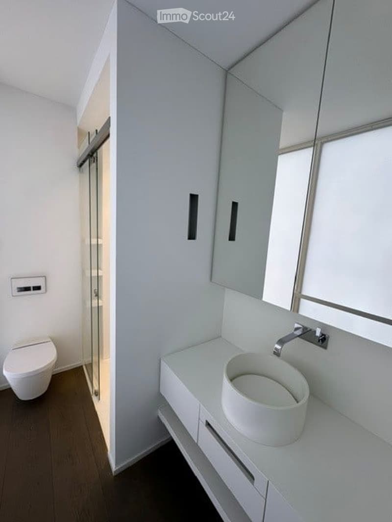 Modern bathroom with white walls, a white sink, a toilet, and a large mirror above the sink. The floor is dark wood, and there is a glass shower enclosure visible in the background.