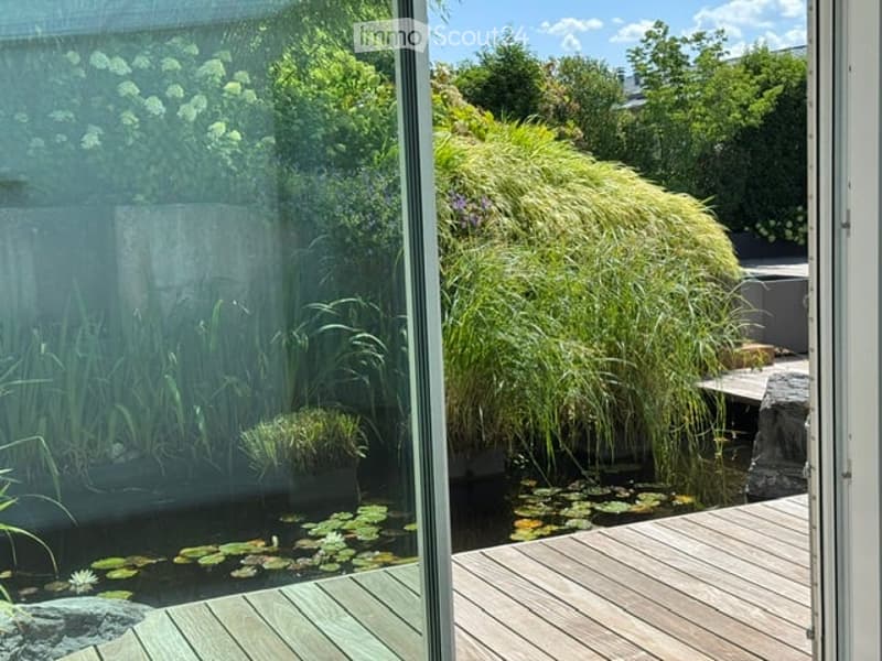 A modern garden area with a wooden deck, a small pond with lily pads, lush greenery, and tall grasses.