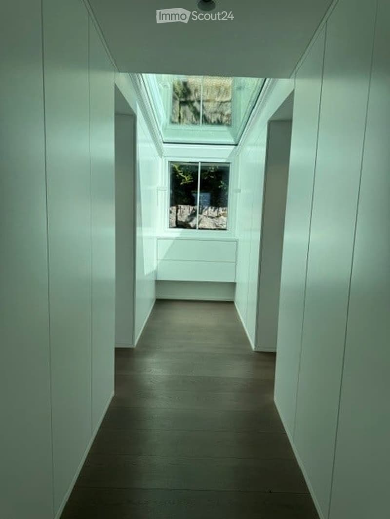 A modern, minimalist hallway with white walls, a dark polished floor, and a skylight at the far end. The space is empty, with no visible furniture or decorations.